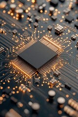 Poster - Close up electronic components. Computer chip with bright lights. Circuit board showing connected network pathways. Futuristic tech. Global communication networks