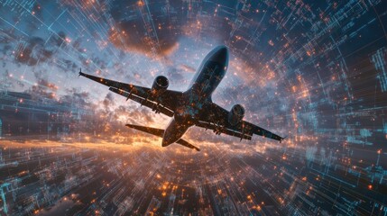 Poster - digital overlay of flight paths and data on image of flying modern jet