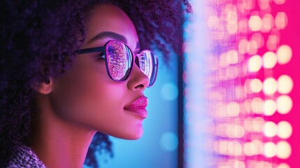 Poster - Person with glasses looks at illuminated data. Bright pink and blue lights. Network reflected in eyewear. Focus on 5G networks