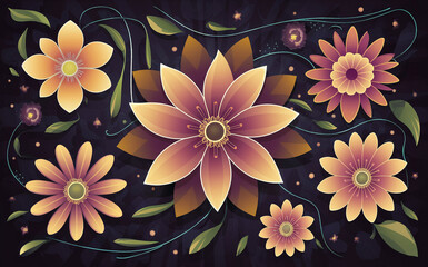 Poster - Autumnal Floral Display A Collection of Warm Toned Flowers with Green Accents on Dark Canvas