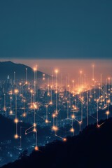 Poster - Cityscape at Dusk, Glowing Digital Connections Rise from Urban Area, Concept for High Speed Networks, Modern Technology