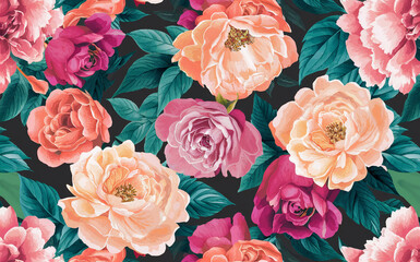 Poster - Floral Pattern with Peach and Pink Roses on Dark Background A Romantic Botanical Display