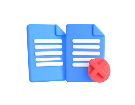 3D rendering of two blue documents with a red 'X' signifying deletion or rejection