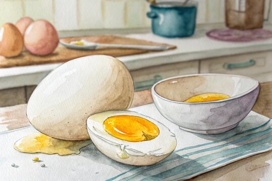 Whole egg and halved egg, Hand Drawn Illustration Watercolor paintin