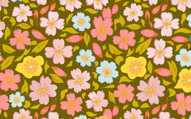Poster - Colorful Floral Pattern with Pink Blue and Yellow Flowers on Green Background Design