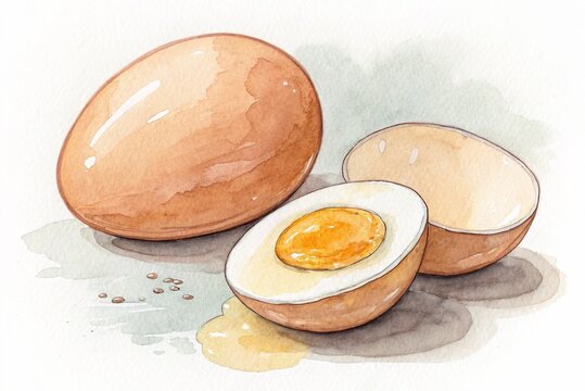 Whole egg and halved egg, Hand Drawn Illustration Watercolor paintin