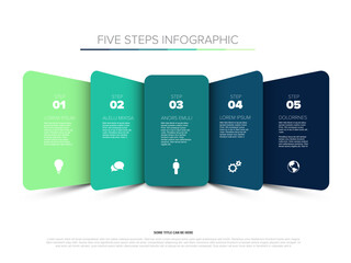 Poster - This horizontal five steps infographic template presents a clear visual layout. Each of the five steps includes icons and placeholder text for process or presentation graphics.