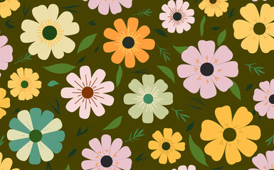 Poster - Pastel Floral Pattern on Dark Green Background for Textile and Wallpaper Design Projects