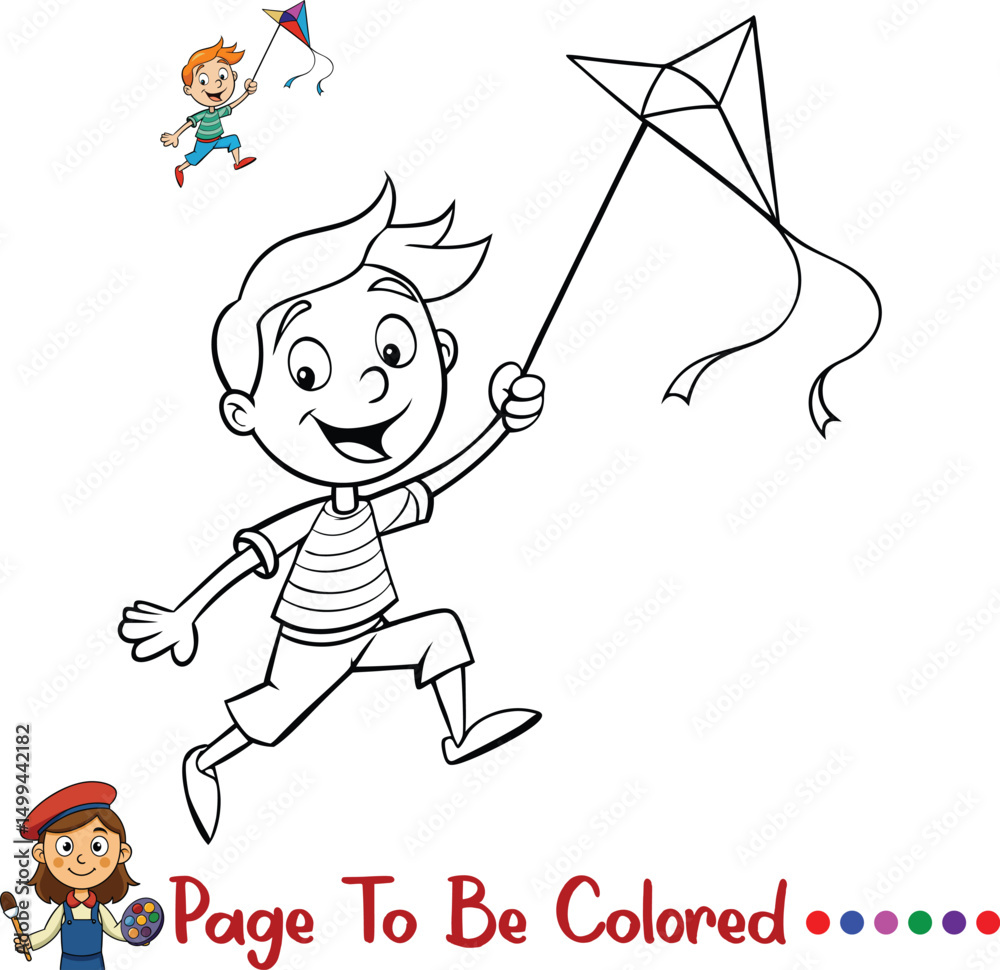 Boy Flying Kite Coloring Page for Kids Printable Outdoor Activity Sheet ...