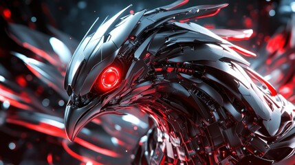 Poster - A cybernetic phoenix with glowing red eyes and titanium feathers, background wallpaper AI generated image