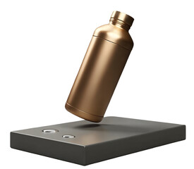 Poster - Golden metallic bottle floating above gray platform with water drops, sleek and modern design