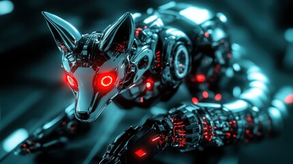 Poster - Cyber ​​fox robot with glowing red eyes, metallic body, background wallpaper AI generated image