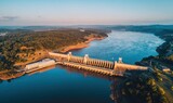 Zapora wodna o świcie - widok lotniczy