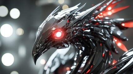 Poster - A cybernetic phoenix with glowing red eyes and titanium feathers, background wallpaper AI generated image