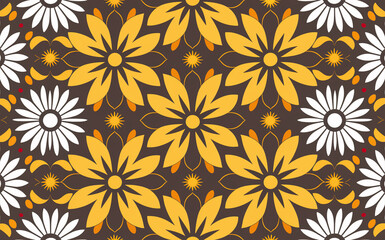 Poster - Decorative Floral Pattern with Yellow Flowers and White Daisies on a Dark Brown Background