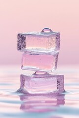 Poster - Three clear cubes stacked on surface. Light pink liquid. Bubbles inside. Reflections below. Soft pastel background. Water drop on top.