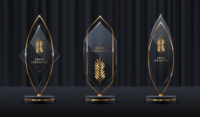 Wall Mural - Glass award trophy set.Transparent prize template with golden palm branch. Winner first place concept. Vector illustration.