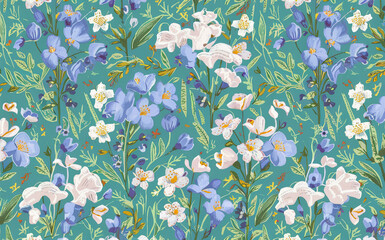 Poster - Vibrant Floral Pattern on Turquoise Background with Blue and White Flowers and Green Leaves
