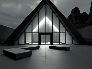 Poster - Modern pavilion with triangular glass facade, minimalist benches, concrete floor, and dramatic mountain backdrop at dusk