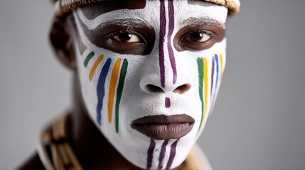 Wall Mural - man with colorful face paint on his face. the colors are red, yellow, green, blue, and purple
