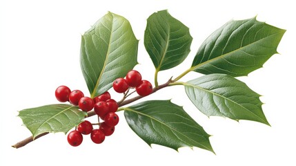 Branch of holly with red berries on it. The berries are small and shiny. The branch is green and has a few leaves
