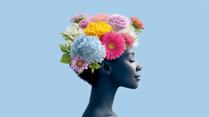 Wall Mural - woman with a flower crown on her head. the flowers are in various colors and are arranged in a way t