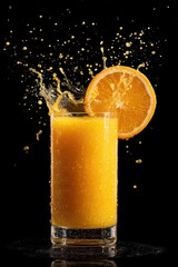 Poster - Fresh orange juice splash studio shot with fruit slice on glass against black background high angle view