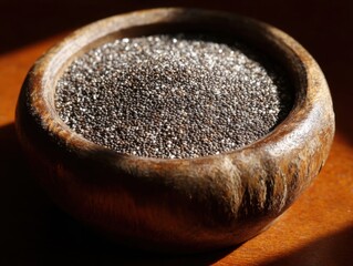Aufkleber - Close up of chia seeds in wooden bowl on wooden surface in natural light studio shot of healthy food