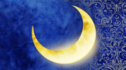 Wall Mural - a blue background with a yellow crescent moon. the moon is lit up by the sun. the image has a peacef