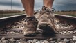 © suyu - Close up of male legs walking along railway tracks, symbolizing journey, danger, solitude, and choices. Concept of risk, freedom, escape, travel, and the path of life on uncertain ground