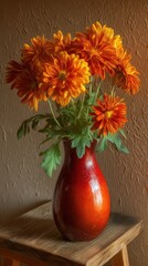 Poster - Vibrant Orange Chrysanthemums in Red Vase Still Life Painting Style on Wooden Stool against Textured Wall