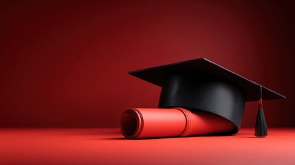 Aufkleber - Graduation Cap and Diploma Still Life on Red Background Academic Achievement Celebration Education Success