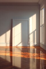 Aufkleber - Interior room with blank frame mockup and window light, bright sunlight shining on wooden floor, minimalist style, studio shot