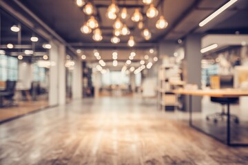 Aufkleber - Blurred View of Modern Office Interior with Hanging Lights and Desk Space in Warm Tones