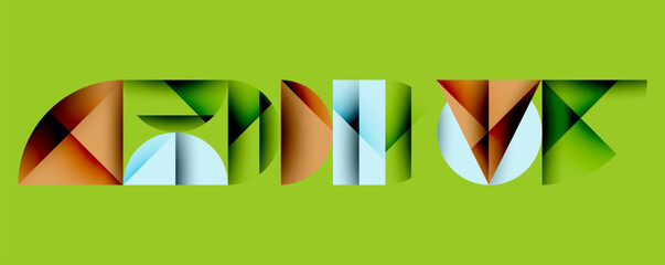 Poster - Abstract geometric shapes form letters. Vivid colors blend, creating dynamic visual impact. Green background emphasizes design elements.