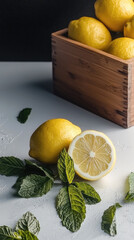 Poster - Fresh lemon mint leaf wooden box citrus fruit healthy organic vibrant natural