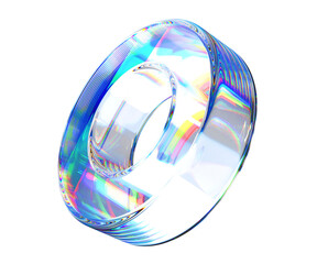 Poster - 3d crystal light holographic glass ring render isolated icon. Abstract transparent circle geometric figure with iridescent gradient dispersion of prism refraction on blue background