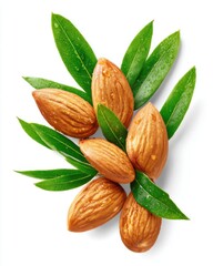 Poster - Almonds and leaves studio shot from above on white background showing healthy food and snack ingredients with water droplets