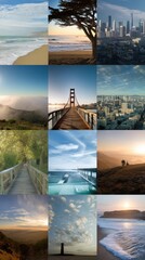 Poster - California Landscapes Collage: Beaches, Cityscapes, Golden Gate Bridge, and Coastal Views at Sunrise and Sunset