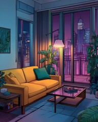 Aufkleber - Cozy apartment interior illustration at night with city view from balcony and plants in living room