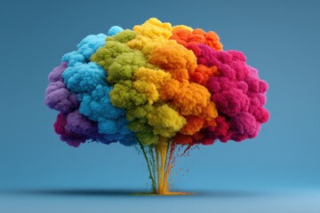 Poster - Colorful Brain Concept Art, Creative Mind, Rainbow Thinking, Abstract Idea, Studio Shot, Isolated on Blue Background, Mental Health