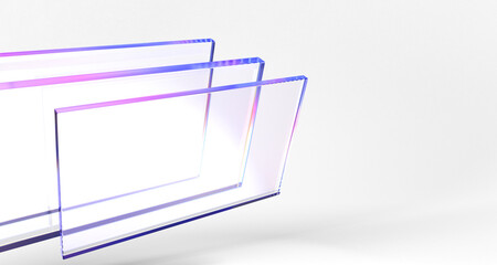 Poster - 3d abstract neon light glass rectangle plates on dark black background. Iridescent transparent holographic gradient panels of acrylic, plastic or plexiglass, technology design render