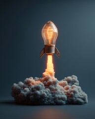 Poster - Lightbulb Rocket Launching with Smoke Plume on Dark Background Conceptual Innovation and Creativity Idea Illustration