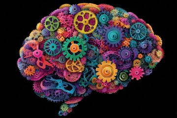Poster - Brain made of colorful gears and cogs on black background conceptual illustration representing intelligence and creativity close up