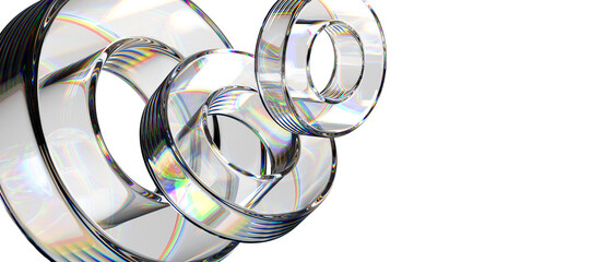 Poster - Abstract 3d liquid glass transparent rings on black background render. Clear glossy hologram gradient geometric circle shapes, iridescent dispersion objects, digital technology banner