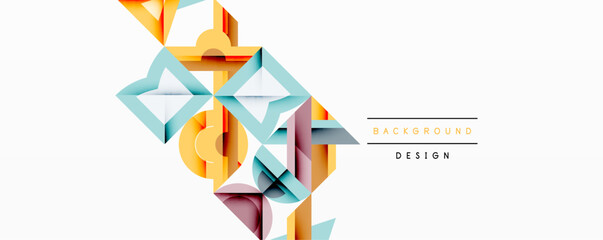 Aufkleber - Abstract geometric shapes overlap, creating layered design. Colors include orange, blue, pink, yellow. Minimalist style, clean background.