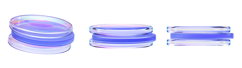 Poster - Holographic iridescent glass cylinder stand podiums 3d render icon set. Empty crystal circle pedestal platform, stage mockup for product display or presentation isolated on background