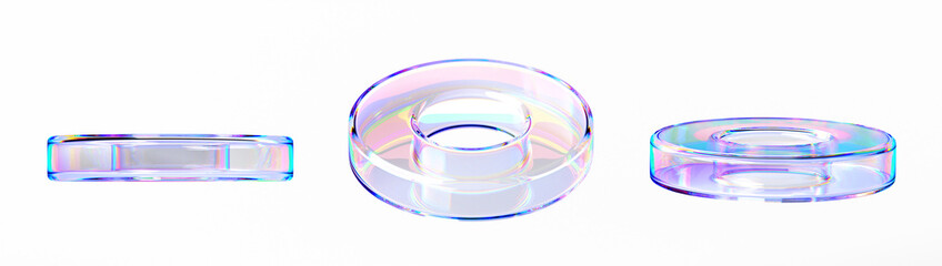 Poster - Glass liquid transparent circle rings with chromatic dispersion effect 3d render icon set. Abstract fluid torus shapes with gradient texture, crystal rainbow objects isolated elements