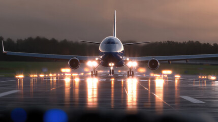 Poster - Airplane runway evening lights travel transportation wet reflection airport outdoors