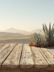 Poster - Desert landscape with agave plants and wooden platform for product display background shot